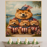 Mother Chow Chow and Three Puppies in Patriotic Outfits by a Peaceful Lake on Ready to Hang 1.5" Thick Canvas Wrap, Floating Framed Canvas, Flat Rolled Canvas